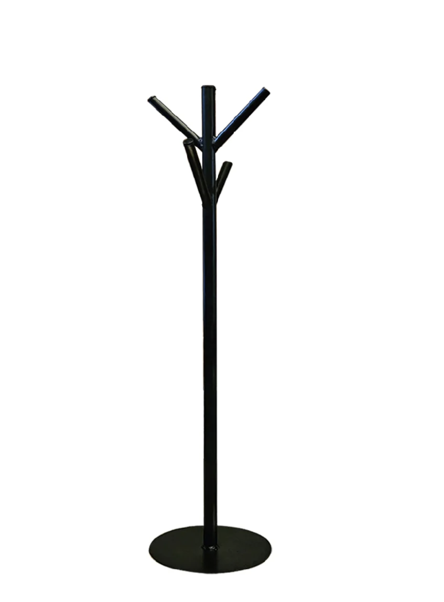 Product reference: black steel rack with four angled hooks and a circular base.